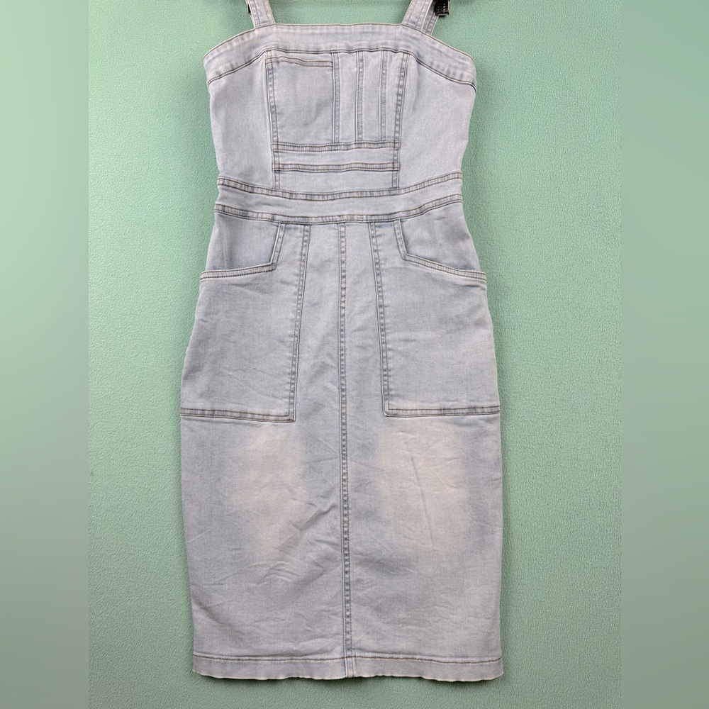 Krazy Denim Overall Dress Women’s S Light Wash Pocket Hustler Cotton Stretchy